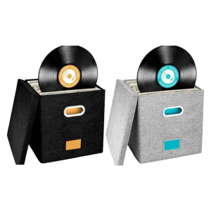 Record Storage Box for CDs Storage 12.99Inch Folding Organizers with Lid and Handles Holds 100+ Albums and Files