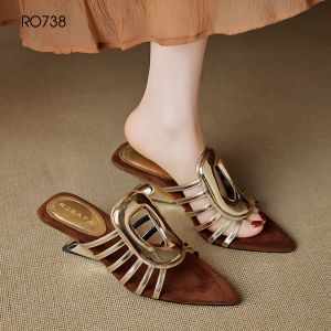 [ẢNH THẬT-FREESHIP] Dép nữ quai ngang mũi nhọn đế cách điệu ROSATA RO738 - 5p - Đen Nâu - BKSTORE