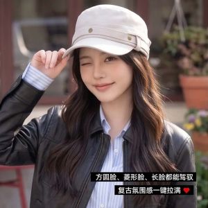 GENENIC Washed Denim Denim Flat Hat Metal Button Cross Ribbon Rivet Top Cap Strap Sun Cap Solid Color Retro Equestrian Cap Trendy Women