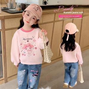 Anime Sanrio Childrens Girls Autumn Hoodie Sweater Pure Cotton Autumn Clothing Cartoon Two Piece Set Top Girl Sweet Crew Neck