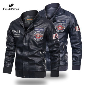 Fuguiniao Leather Jacket Men Bomber Baseball Jacket Pu Coat Pilot Varsity Fleece Top Black Slim Fit Motorcycle Jacket