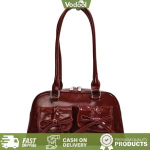 [VSC] Women Fashion Shoulder Bag Double Pockets PU Leather Stylish Underarm Bag with Bow Simple Shopping Bag Solid Color Chic Hobo Bag