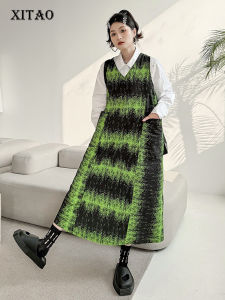 XITAO Tie Dye V-neck Patchwork Pocket Dresses Pullover Sleeveless Loose Mid-calf Slimming Dress Summer HQQ2316