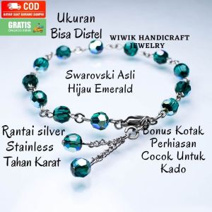 Gelang Tangan Wanita Swarovski / Gelang Kristal Swaroski Hijau Emerald 6 mm Rangkai Stainless Tahan Karat Kado Hadiah