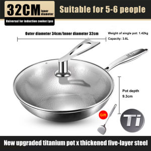 32cm Honeycomb Stainless Steel Wok Non-Stick Stir Fry Pan with Tempered Glass Lid Flat Bottom for Gas & Induction Cooker