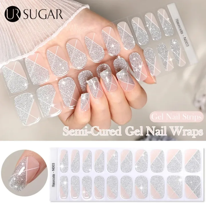 UR SUGAR 20Tips Glitter Lines Semi Cured Gel Nail Sticker Patch UV