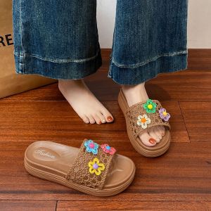 [Free Shipping] 2026 New WomenS Floral Openwork Woven Upper Wedge Heel Thick-Soled Slippers For Home Beach And Outdoor Wear