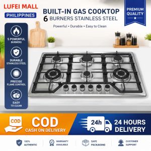 Built-in 6 Burner Gas Cooktop Stainless Steel Panel Gas Stove Heavy Duty Cast Iron Grates 6 Independent Control Knobs LPG & Natural Gas Hob for Home Villa Restaurant Commercial Kitchen Cooking Appliance
