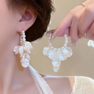 Lightweight White Flower Shell Pearl Dangle Earrings-Ocean-Inspired Summer Beach Jewelry for Vacatio