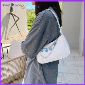 Chic Retro Womens Shoulder Bag with Butterfly Chain and Pure Color PU Surface