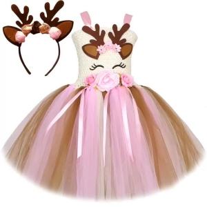 Pink Flowers Deer Costumes for Baby Girls Christmas Tutu Dress Kids Animal Reindeer Outfits Children Xmas Gift New Years Clothes2026