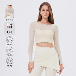 Lamshop fake two-piece mesh sports T-shirt womens long sleeves chest pad yoga clothes navel top quick-drying and thin gym clothes