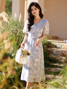 Impression Fashion Store Women Chiffon Lapel Collar Short Puff Sleeve Floral Slim A-line Long Dress