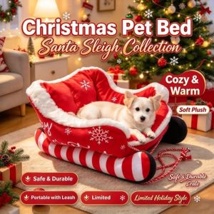 BESTOURO Soft Plush Christmas Sleigh Pet Bed Sleigh Shape Removable Washable Cat Dog Nest Christmas Atmosphere Non-Slip Base Cat Bed Christmas Holiday