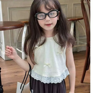 【local Stock】Girls Korean Version   Vest Summer Outfit New Childrens Sweet Patchwork Lace Sleeveless T-shirt Top Trendy