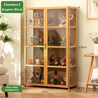 Bamboo Storage Cabinet/Display Cabinet Three Sides Transparent Double Door Design Removable Shelves Large Capacity