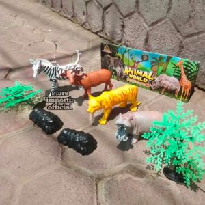 Mainan Binatang Karet OCT 206 Animal World Hewan Karet Murah Kemasan Kantong | Mainan Edukasi Anak Binatang Set Aksesoris Animal Isi 4 pcs | Mainan Anak Hewan Karet Set Pohon Pohonan Dan Aksesoris Animal World Soft
