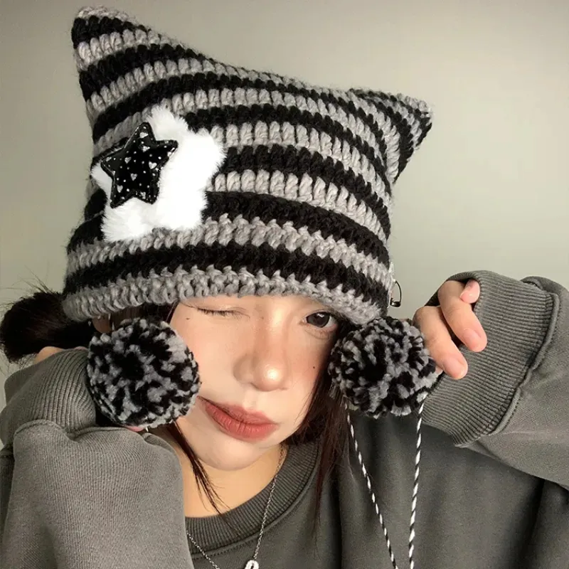 帽子 andwang Fluffy cat knit hat andwang Fluffy cat knit hat Cat hat knitted a yellow tiger