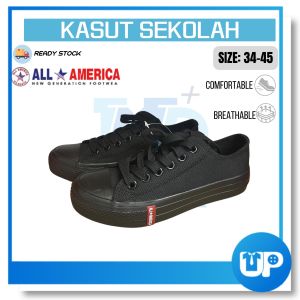 All America Kasut Sekolah Hitam Bertali Canvas Student school Black Shoe 3323