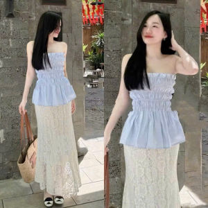 MK_ Set đồ nữ mặc hè set Lụa Sọc áo bo chun ôm kèm chân váy Ren hoa đuôi cá dáng dài