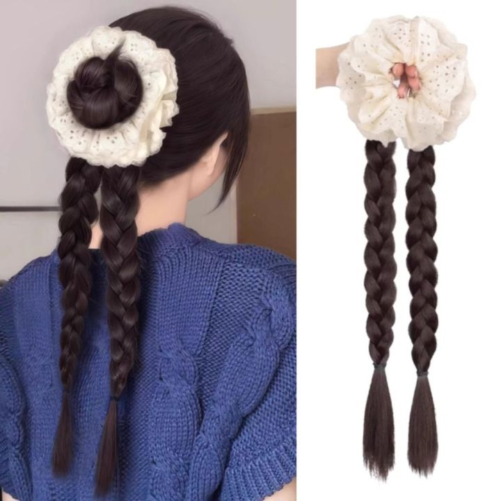 OBDUTE White Lace Hair Bands Ponytail Holders Hair Artifact Korean Style Pony Tail Hairpiece Elegant Synthetic Boxing Braided Wig Women