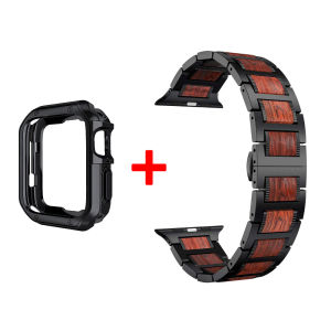 Wooden Red Sandalwood strap + case compatible with apple watch series 7 band 45mm 41mm Stainless Steel Link Bracelet compatible with apple watch band 44mm 40mm 42mm 38mm compatible with applewatch series 6 SE 5 4 3 2 1 Shell Plating Soft Protective Case
