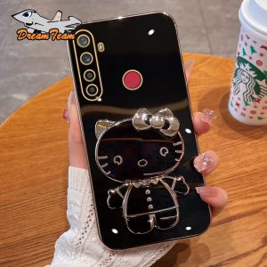 Luxury Silicone Soft Case For OPPO Realme 5/5i/6i/7i/8i 9i 5 Pro 8 Pro 9 Pro Realme 10 Pro V25 V13 Narzo 50A Narzo 50i Smooth Plating KT Cat Makeup Mirror + Free stand