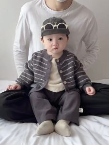 Korean-style boys sweater set for spring and autumn trendy baby striped knit cardigan and casual straight-leg pants