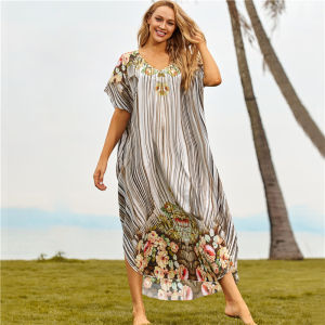 2025 Đầm Đi Biển In Họa Tiết Xẻ Đầm Đi Biển Sọc Boho Ngoại Cỡ Kaftan Đồ Bơi Ngắn Tay Mùa Hè Cho Nữ Bikini Bìa Up