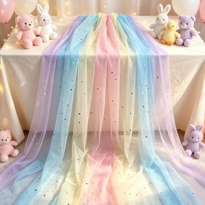 IUTRE Shiny Dot Rainbow Tulle Table Runner Macaron Colored Gradient Mesh Tulle Fabric Event Scene Transparent Ceiling Drape Birthday Party Decoration