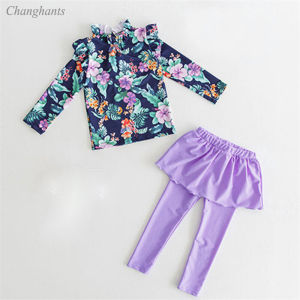 Kids Two Pieces Swimwear Long Sleeve Rash Guard for Kids Girls Purple with Flowers Pattern Swimming Wear for Girls Swimming Suit for Children Sandy Outfit for Teens 2-10 Y㏇0702