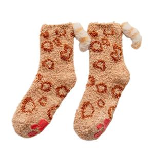 Women Cute for Cat Paw Fuzzy Slipper Socks with Grippers 3D Plush Tail Warm Hosi