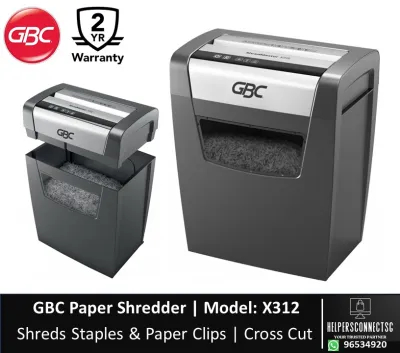 GBC X312 Shredder. Maximum 12-13 sheets of paper per pass. 23 litre bin holds up to 200 sheets. Easy lift off head for emptying. Safety Mark Approved. 1 Year Warranty