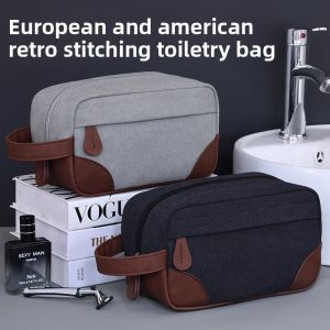 Mens Canvas PU Patchwork Toiletry Bag Retro Travel Handheld Large Capacity Cosmetic Pouch