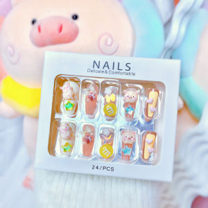 Ready Stock Female Mid-length Fake Nail Cute little pig Decor Artificial Nail for Women and Girl Party Activity