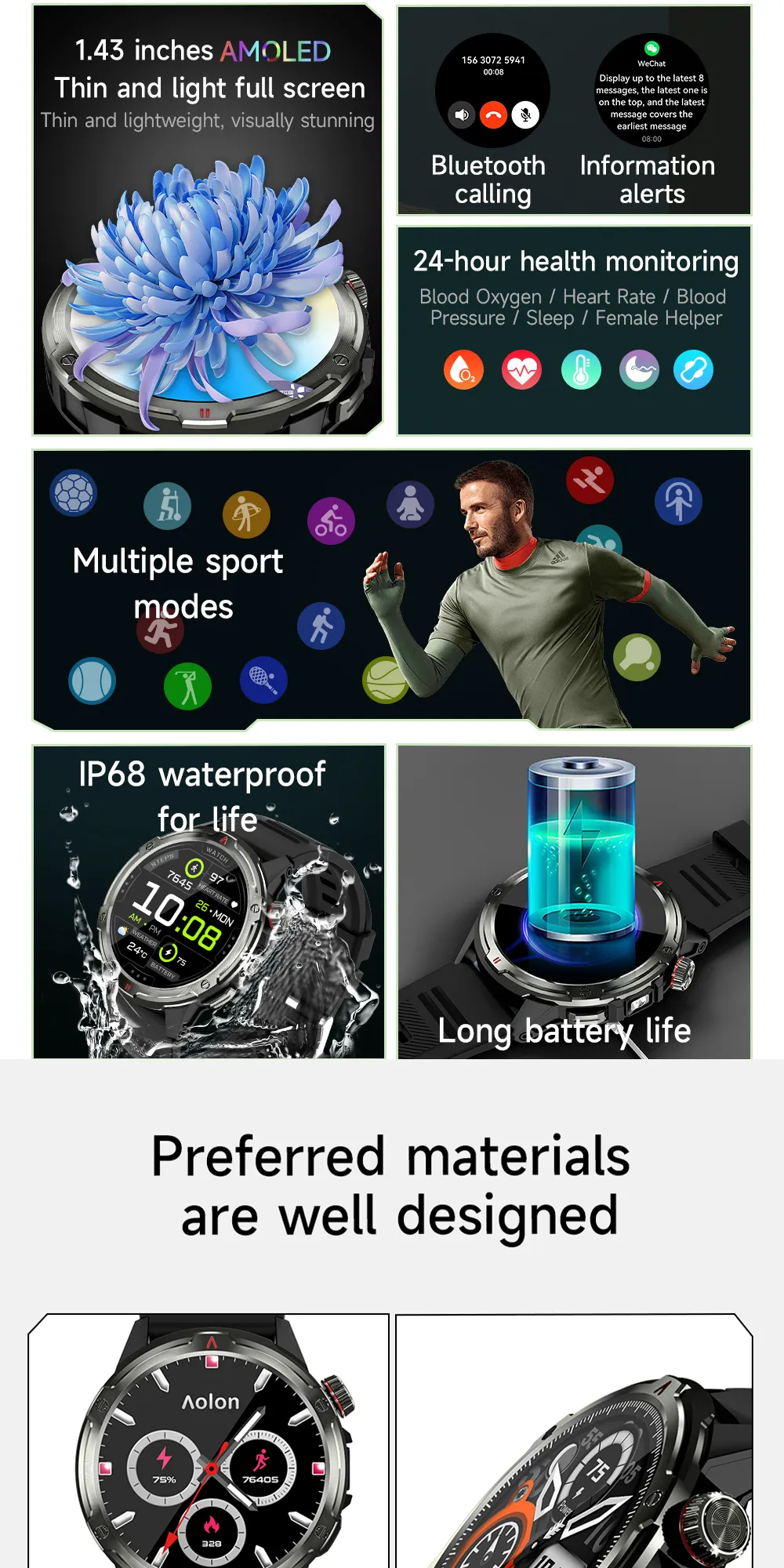 Aolon Tetra R4 นาฬิกา smart watch 1.43 นิ้ว Amoled หน้าจอ AOD จะแสดงเสมอ 350mAh นาฬิกาวิ่ง การตรวจจับข้อมูลสุขภาพตลอด 24 ชั่วโมง