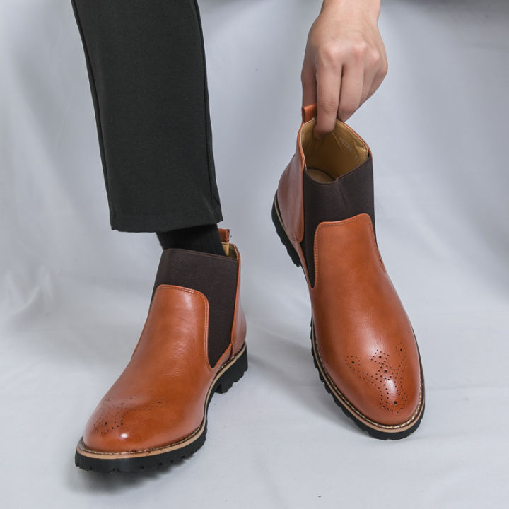 YCAMEL British Style Chelsea Boots Men Mid Calf Dress Business Designer  Formal Ankle Boots Winter Spring Genuine Leather Shoes for Men Big Size 45  46