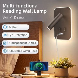 CANMEIJIA 3 In1 LED Wall Mounted Lights Reading Light Surface-Mounted Wall Sconces Warm Light+White Light Dimmable USB Rechargeable for Bedroom Bedside Light