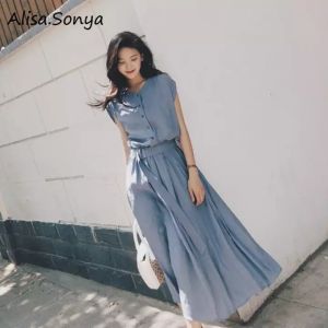 อลิสา .Sonya เดรสชีฟองของผู้หญิงเดรสกระโปรงยาวคลุมเข่ามีกระดุมผูกเอวแบบลำลองสำหรับฤดูร้อน
