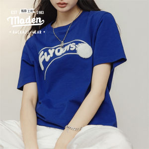 MADEN brand Women Youth 2025 Summer New Klein Blue Short sleeved Baseball American Pure Cotton Round Neck Casual Loose Shoulder Slimming T-shirt