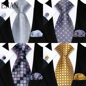 New Classic Solid Striped Plaid Silk Feel Ties for Men 8cm Business Wedding Party Neck Tie Handkerchief Cufflinks Accessories Gift for Husband