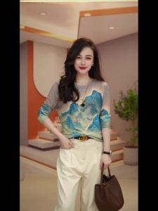 Large Size New Mesh Round Neck Long Sleeve Top Womens Breathable Two Layers Various Types of Slim and Elegant T-Shirts