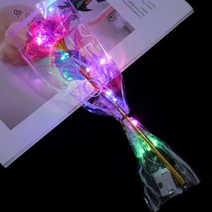 LUXELU Đầy màu sắc Hoa hồng dát vàng Phát sáng Đèn LED Bó hoa hồng giả Sáng tạo Đạo cụ  ảnh Hoa giả đám cưới Ngày Valentine