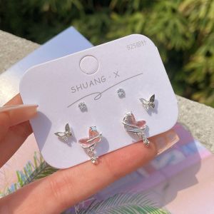 Ready Stock 3 Pair/Set S925 Colorful Aurora Butterfly Earrings Set Fashion Simple Star Earrings