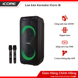 Loa kéo Karaoke iCore i8 - Loa karaoke bass đôi - Loa kéo có đèn chớp theo nhạc -  Tặng 2 micro UHF cao cấp - Bảo hành 12 tháng - Hàng chính hãng