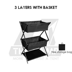 Camping Foldable Rack Basket 2 Layer 3 Layers Shelf Aluminum + Cloth Outdoor Hanger Tripod Stand Tableware Rak Lipat