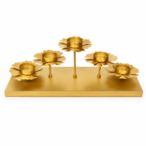 Decorative Metal Flower Tealight Candle Holder with 5 Holders | Gold Finish Tabletop Decor for Living Room & Pooja (Size - 16x5x5 Inch | Pack of 1 Pc)