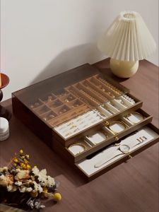 Shopclassyshop Extra-large walnut wood grain jewelry storage box for gold jewelry pearl necklaces earrings bracelets pendants accessories