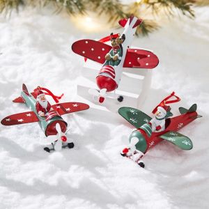 XYAX Santa Flying Plane Christmas Airplane Pendant Hot Air Balloon Iron Snowman Hanging Ornaments Retro Decorative Pilot Santa Ornaments Xmas Party