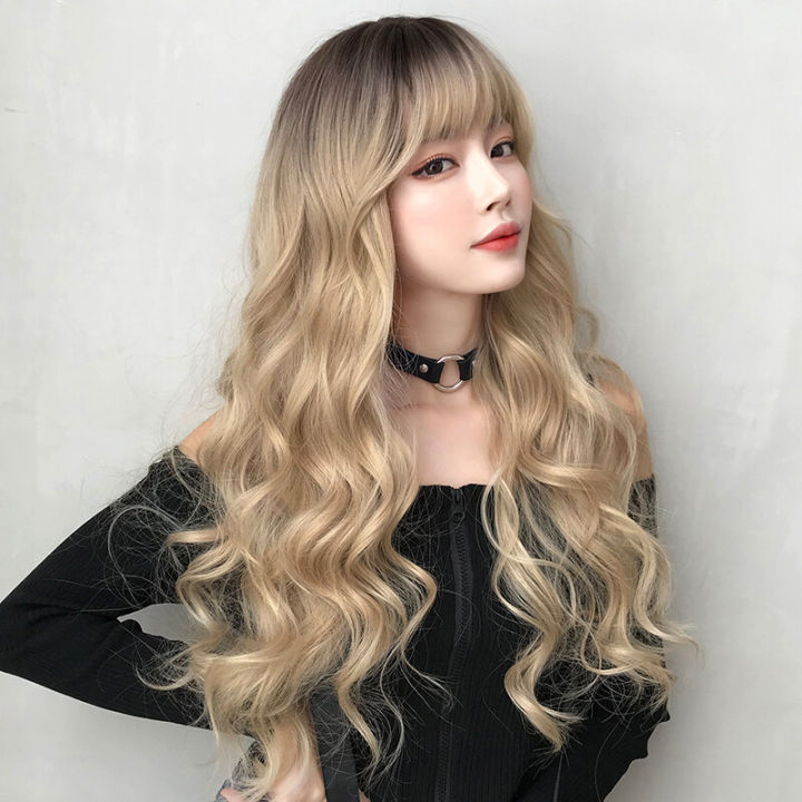 Natural Golden Long Wavy Curly Hair Glamour Lady Fashion Wig Air